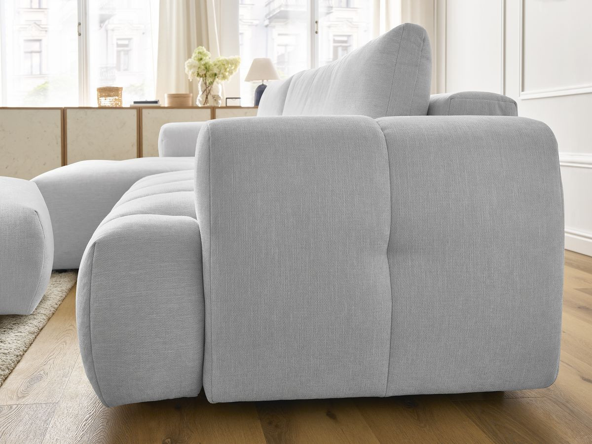Bobochic Fuji Ecksofa mit Schlaffunktion und Bettkasten und Pouf 292 × 160 cm Stoff Hellgrau Ecke links