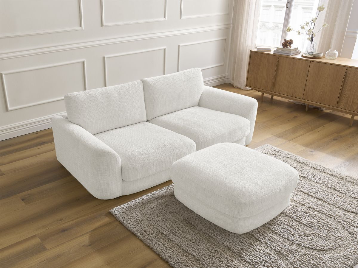 Bobochic Leonore Sofa 3-Sitzer mit Pouf Strukturstoff Weiß