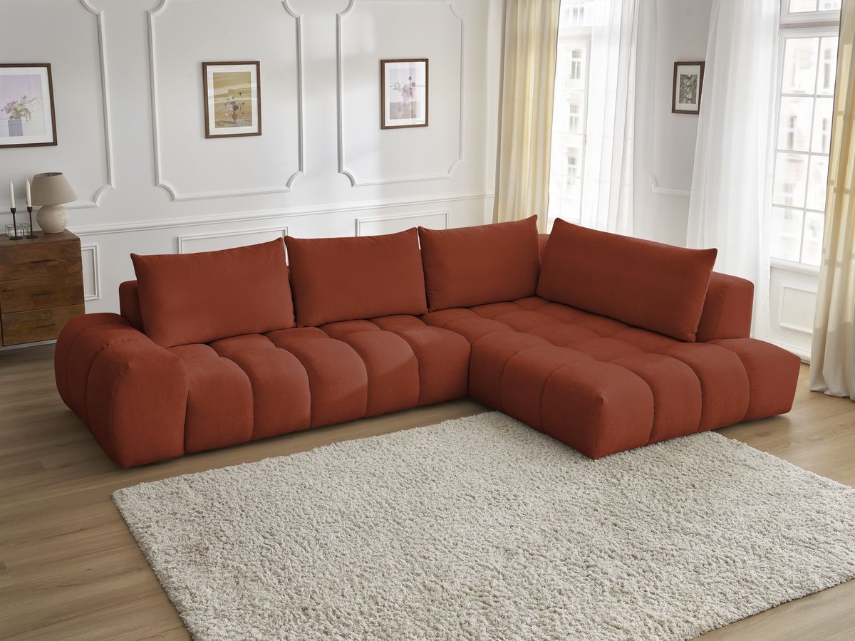 Bobochic Everest Ecksofa, 4 Kissen Strukturstoff Orange Ecke rechts