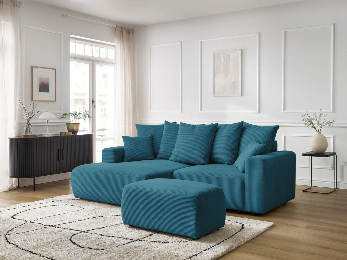 Bobochic Atilla Ecksofa mit Schlaffunktion und Bettkasten und Pouf Cordsamt Hellblau Ecke links