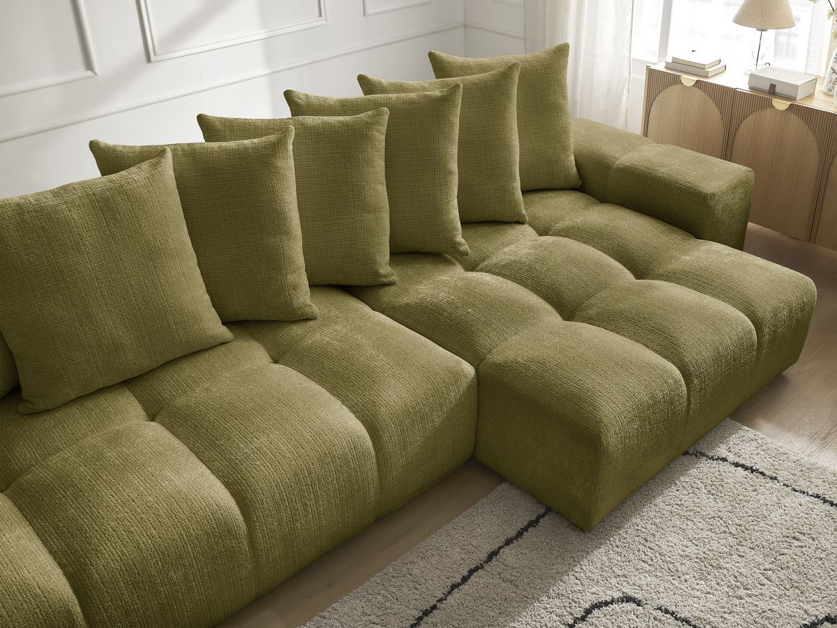 Bobochic Anakin Wohnlandschaft, Liegefläche 137 × 382 cm, 10 Kissen Strukturstoff Grün