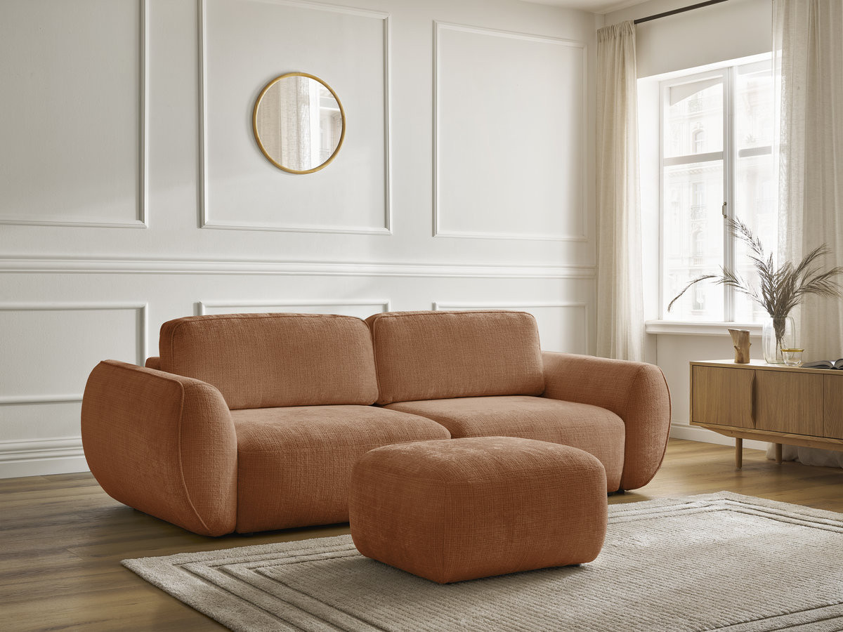 Bobochic Denise Schlafsofa 3-Sitzer mit Bettkasten und Pouf Strukturstoff Orange