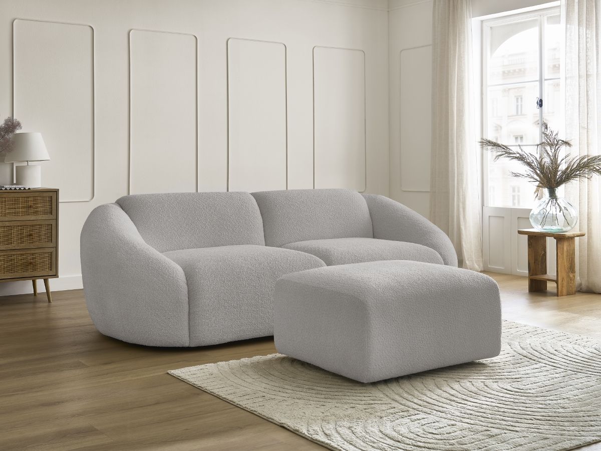 Bobochic Tina Sofa 4-Sitzer mit Pouf Bouclé-Stoff Hellgrau