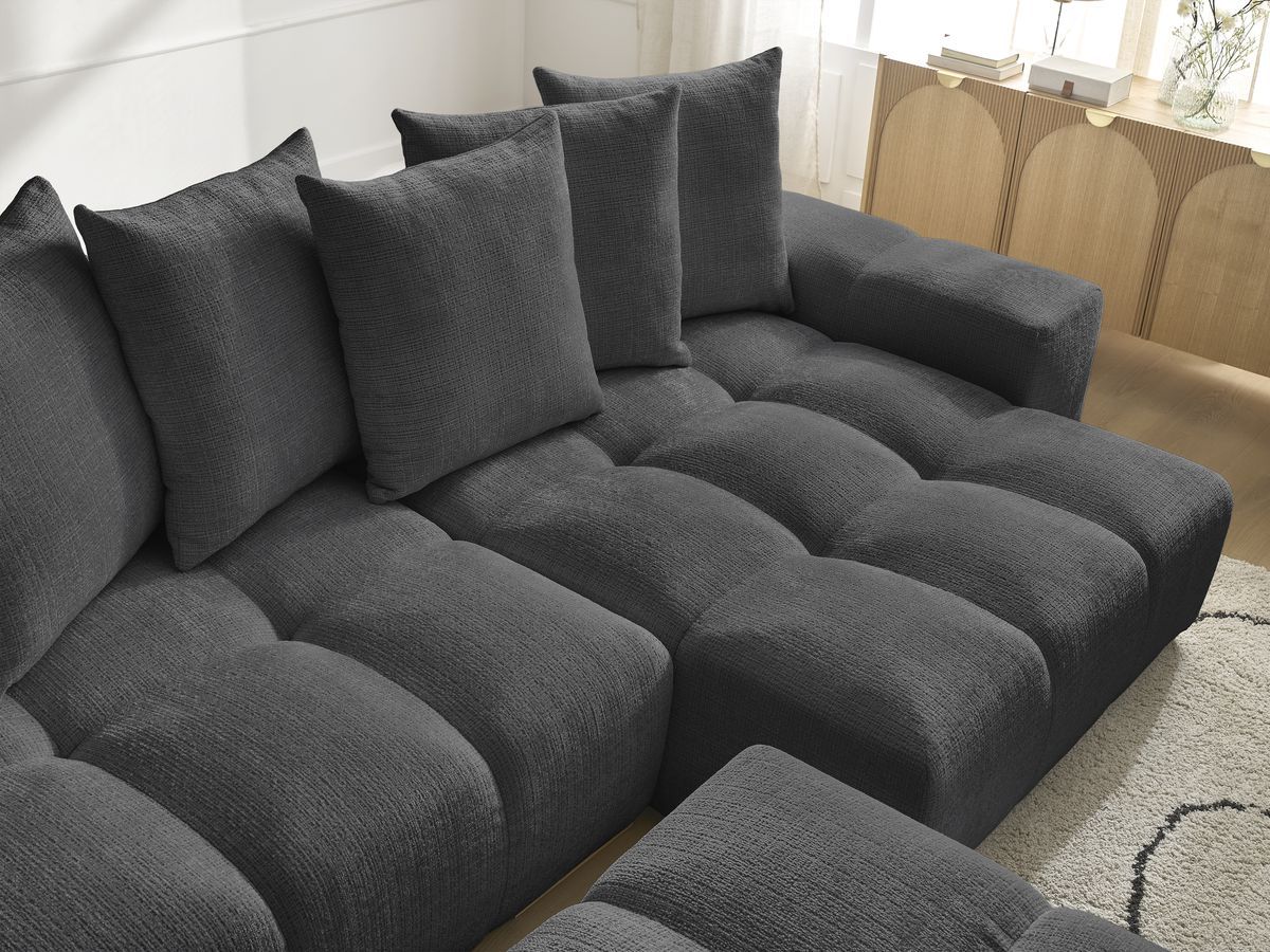 Bobochic Anakin Ecksofa mit Schlaffunktion und Bettkasten und Pouf, 6 Kissen Strukturstoff Schwarz