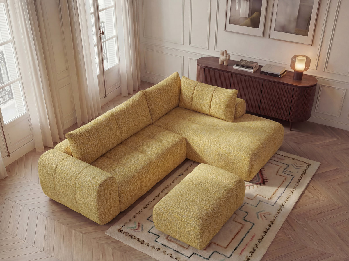Bobochic Nesty Ecksofa in L-Form, 256 cm, mit Pouf Melange-Stoff Gelb Ecke rechts