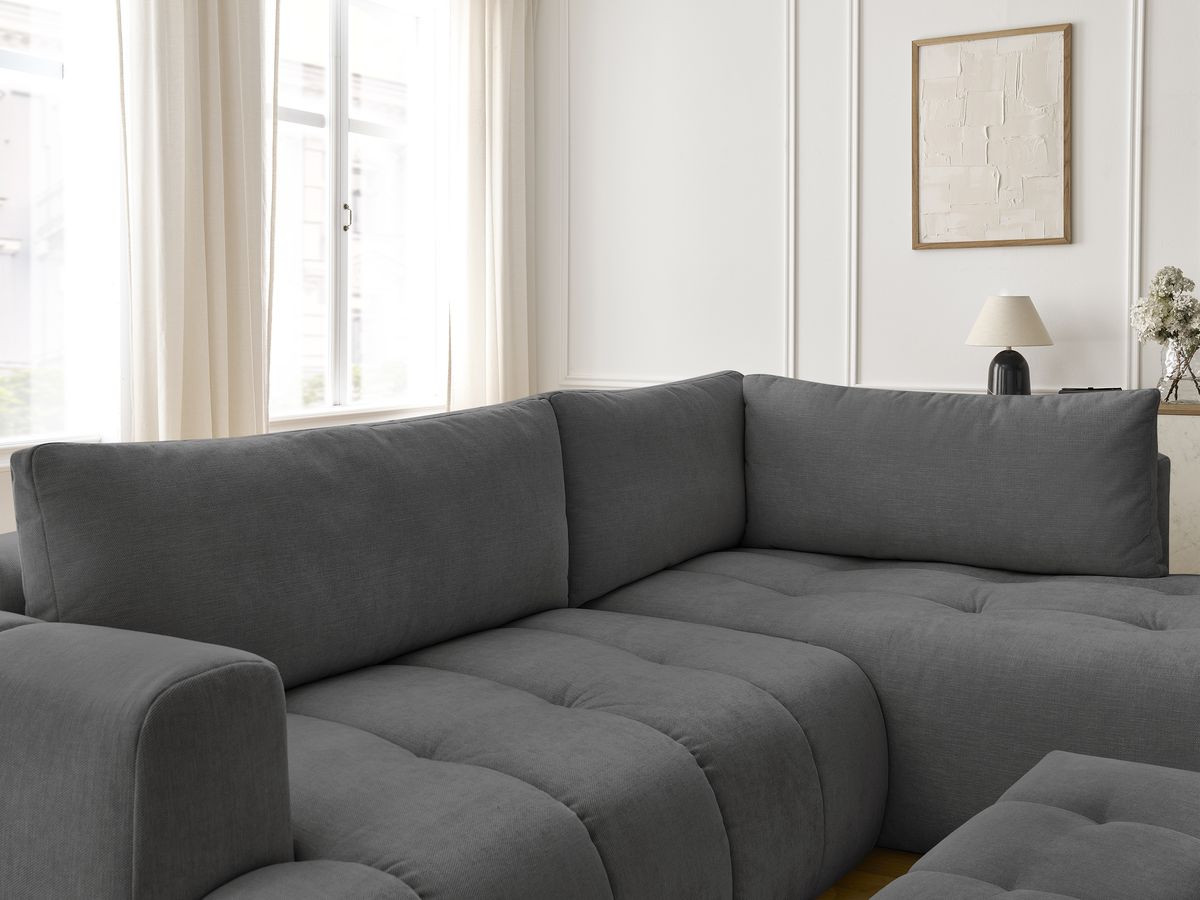 Bobochic Fuji Ecksofa mit Schlaffunktion und Bettkasten und Pouf 282 × 204 cm Stoff Dunkelgrau Ecke rechts