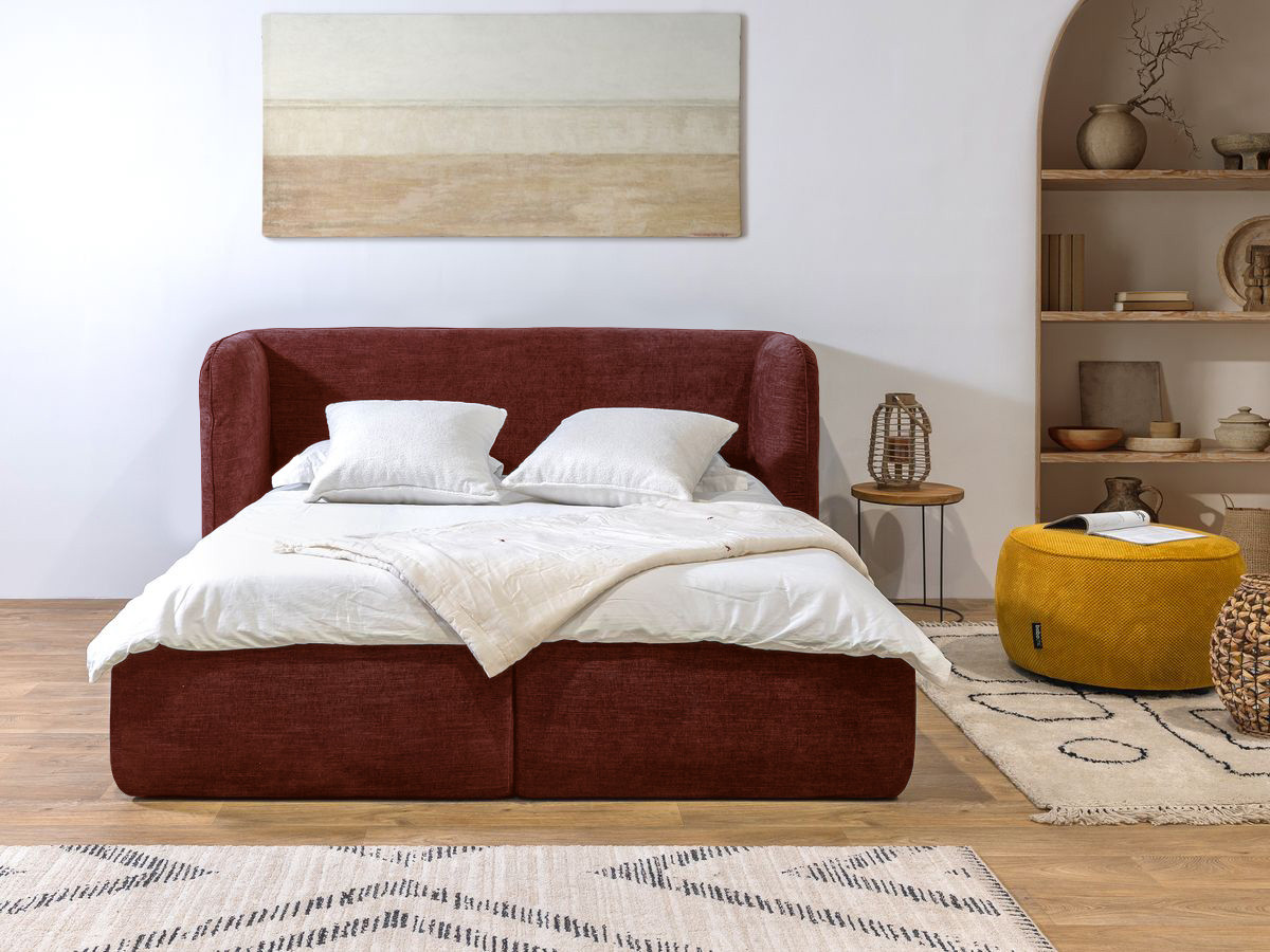 Bobochic Louise Polsterbett mit Bettkasten Stoff Rot, Liegefläche 140 × 190 cm