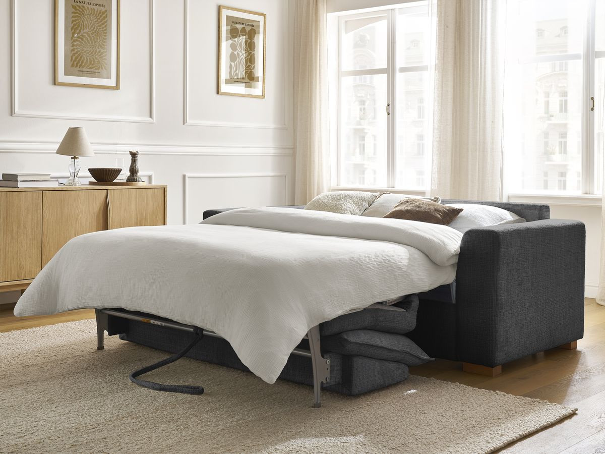 Bobochic Augustin Schlafsofa 3-Sitzer Strukturstoff Schwarz, Liegefläche 160 × 200 cm