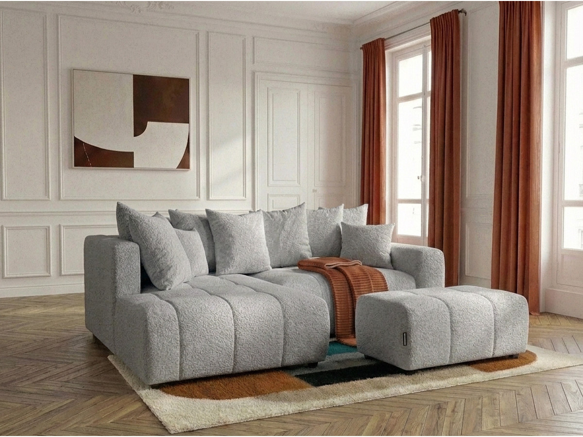 Bobochic Roxelane Ecksofa mit Schlaffunktion und Bettkasten und Pouf Bouclé-Stoff Hellgrau Ecke links