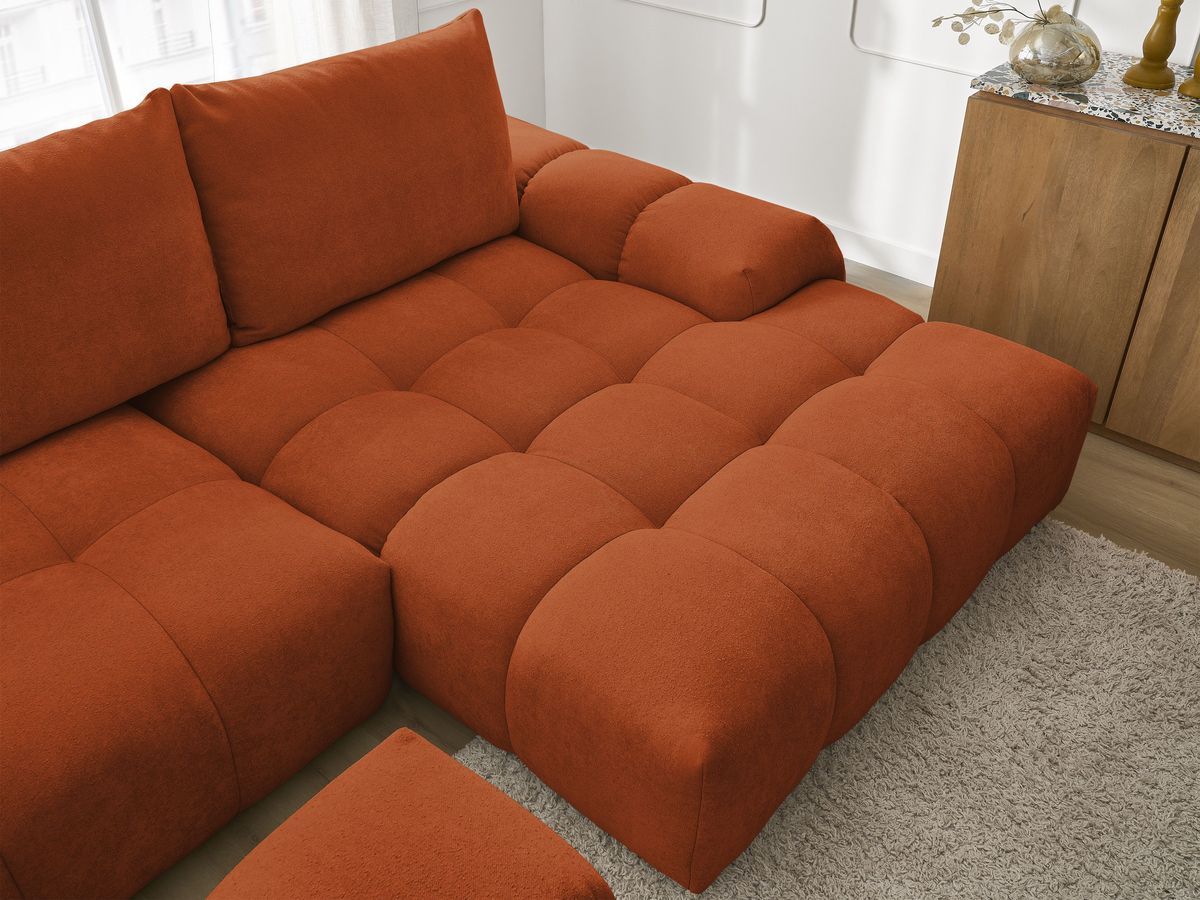 Bobochic Everest Ecksofa mit Schlaffunktion und Bettkasten und Pouf 318 × 180 cm, 3 Kissen Strukturstoff Orange Ecke rechts