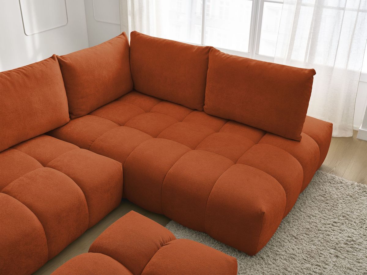 Bobochic Everest Ecksofa mit Schlaffunktion und Bettkasten und Pouf 320 × 212 cm, 5 Kissen Strukturstoff Orange Ecke rechts