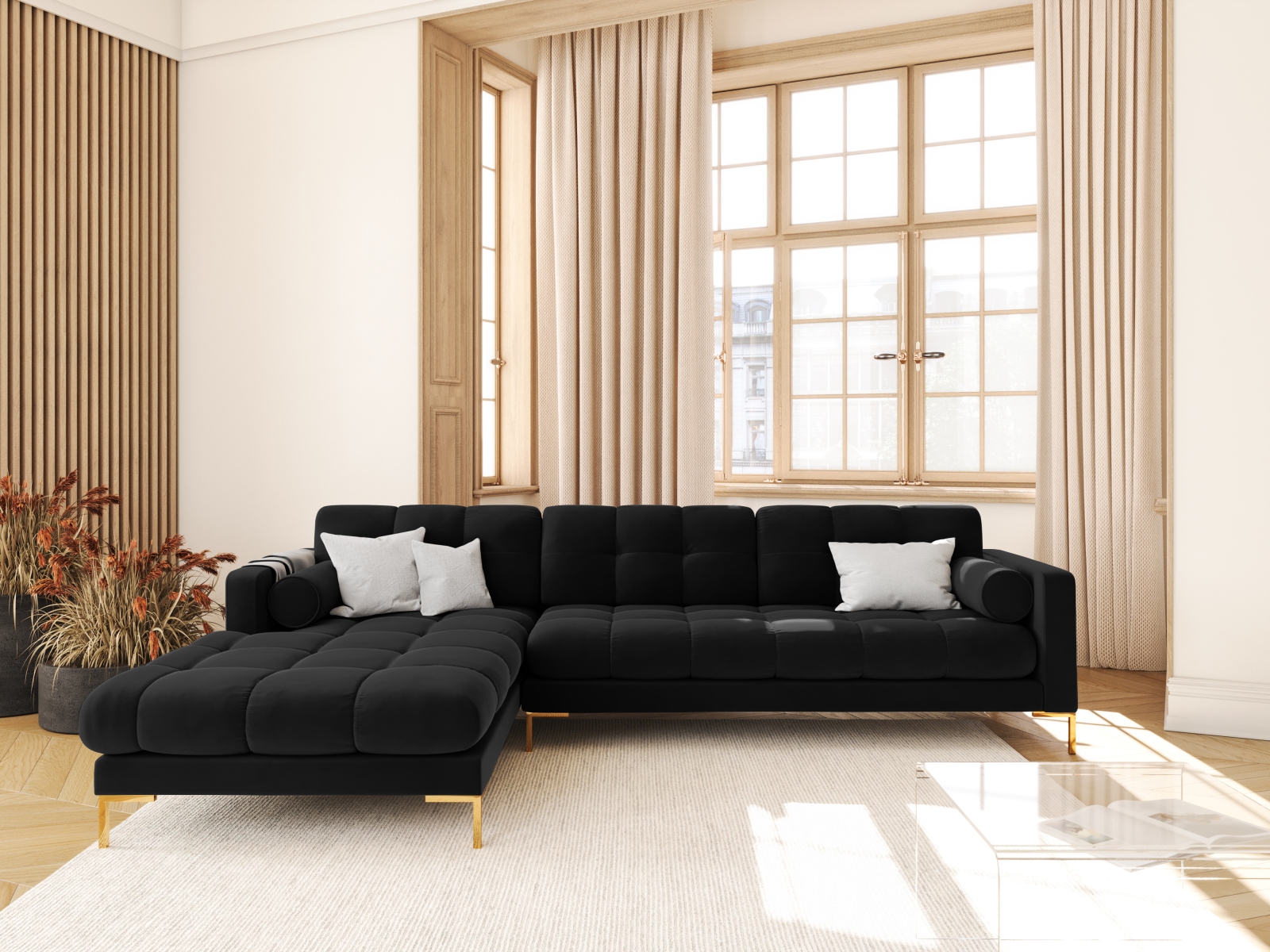 Cosmopolitan Design Ecksofa Bali 5-Sitzer Samt Bluvel Schwarz Links Beine Gold