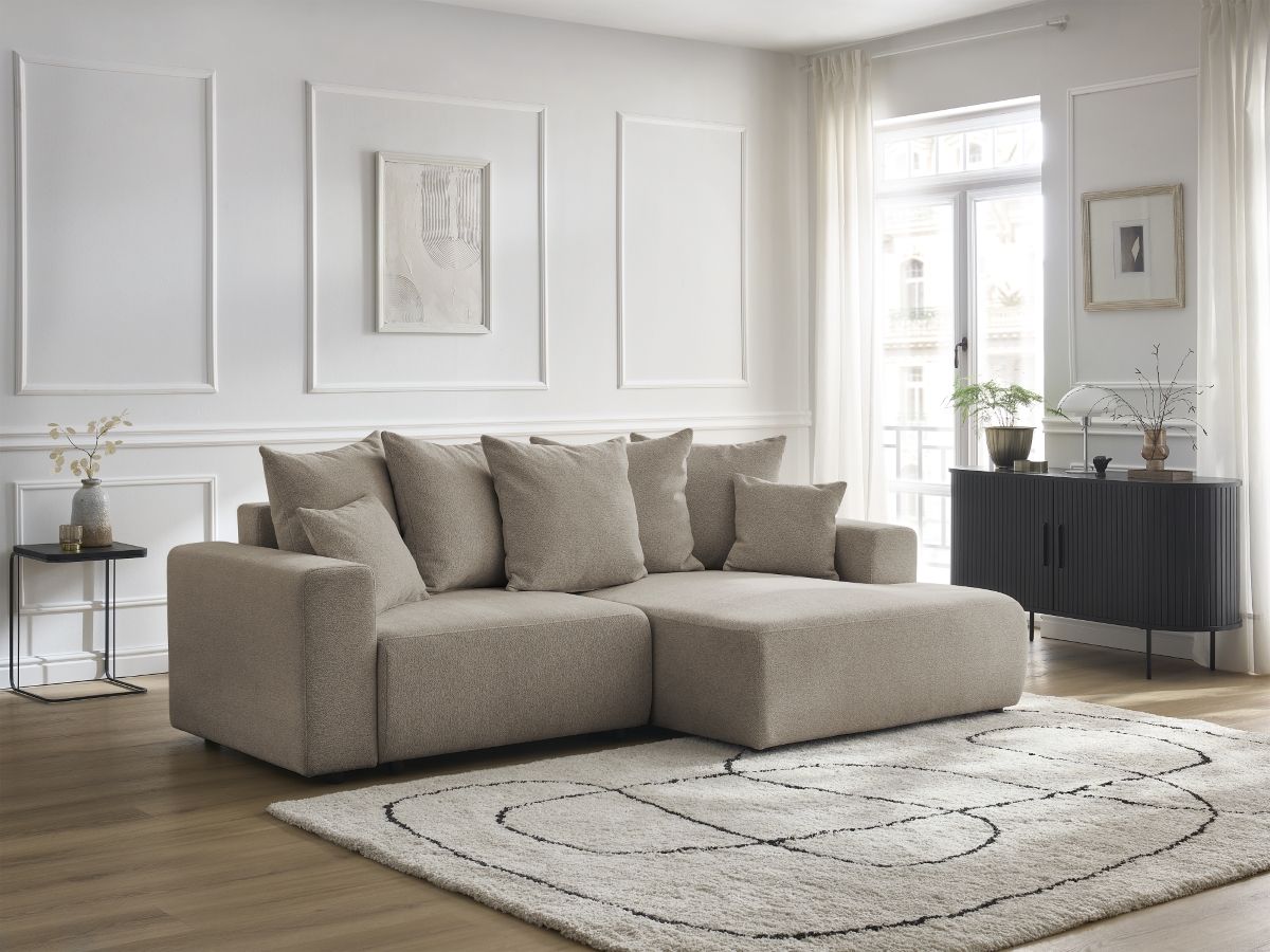 Bobochic Atilla Ecksofa mit Schlaffunktion und Bettkasten Melange-Stoff Taupe Ecke rechts