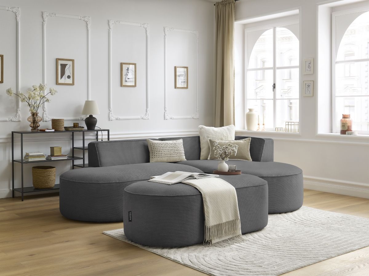 Bobochic Rousseau Ecksofa mit Pouf Cordsamt Dunkelgrau Ecke rechts