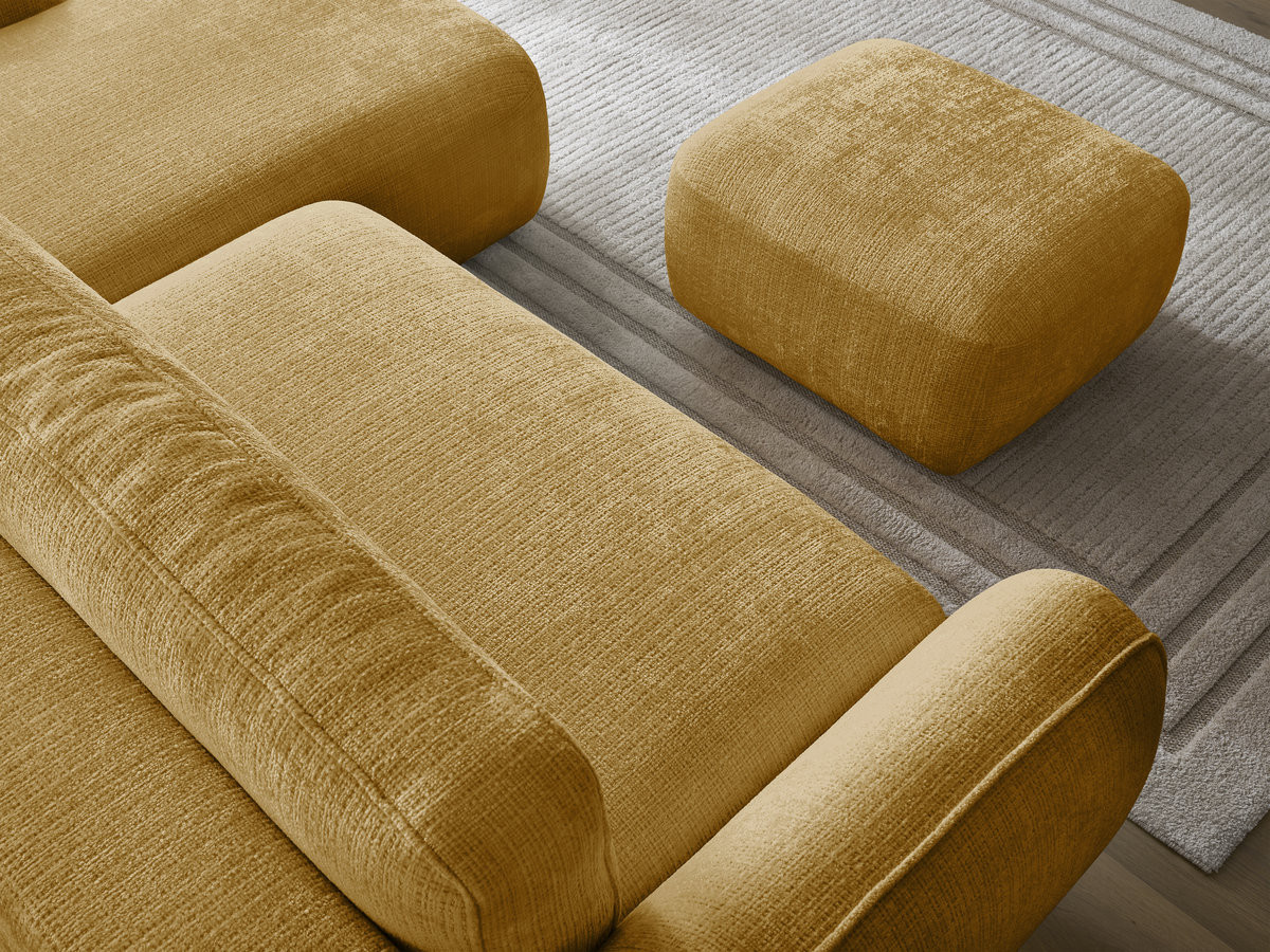 Bobochic Denise Ecksofa mit Schlaffunktion und Bettkasten und Pouf 258 × 160 cm Strukturstoff Gelb Ecke rechts