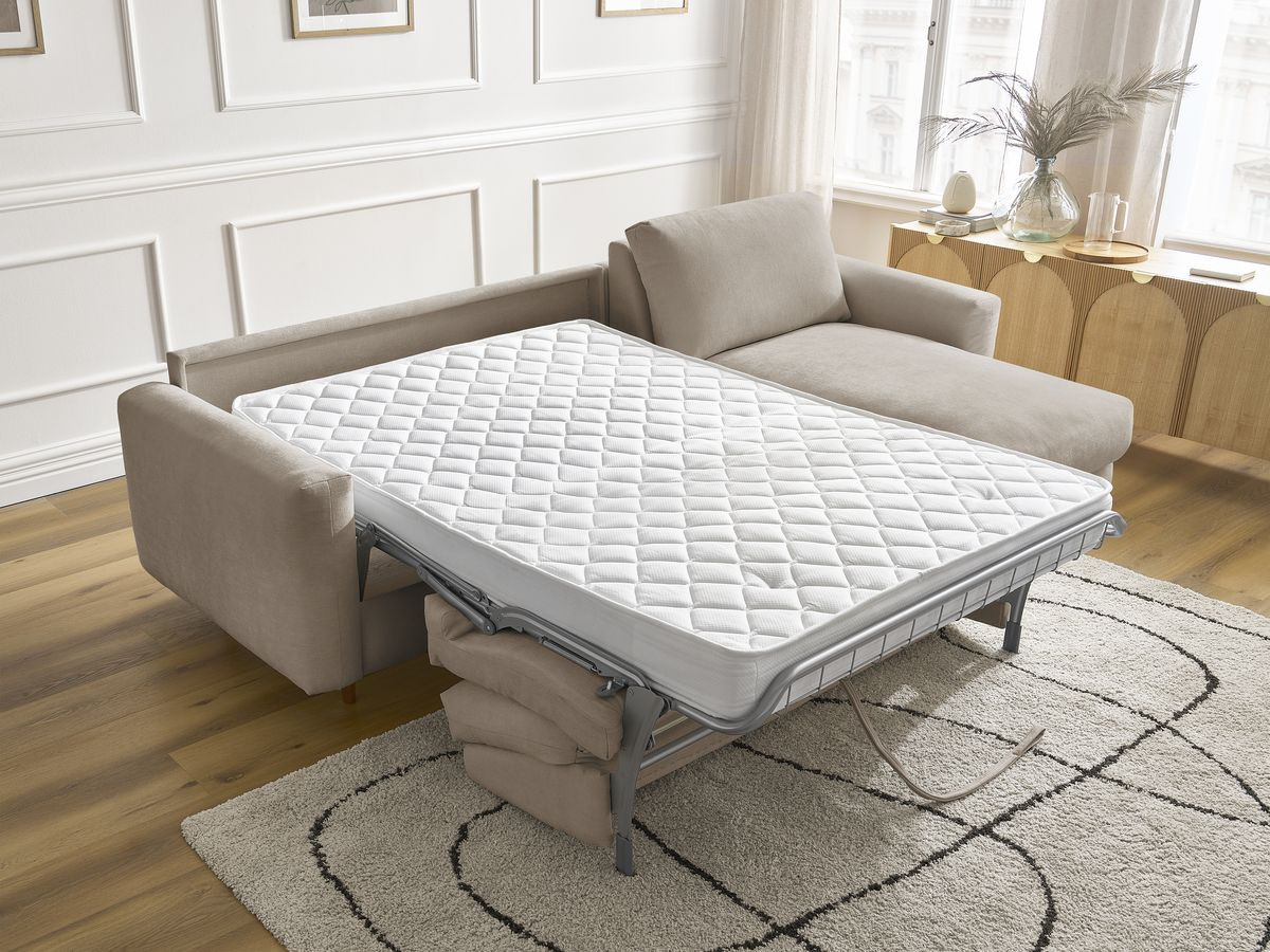 Bobochic Cocoone Ecksofa mit Schlaffunktion und Bettkasten Stoff Taupe, Liegefläche 140 × 200 cm