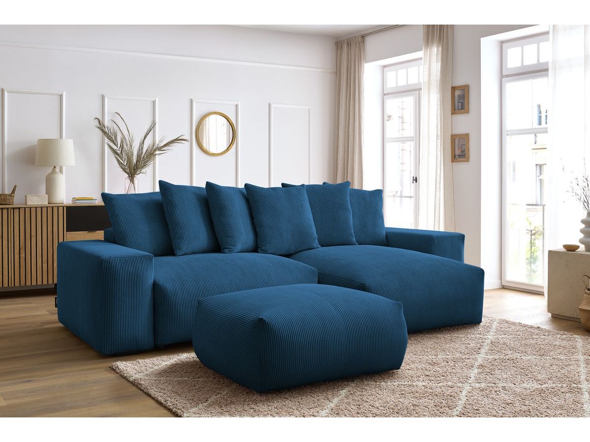 Bobochic Voltaire Ecksofa mit Schlaffunktion und Bettkasten und Pouf Cordsamt Dunkelblau