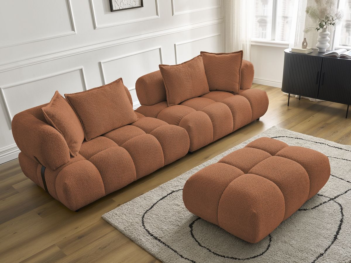 Bobochic Alya Sofa 4-Sitzer mit Pouf Bouclé-Stoff Orange