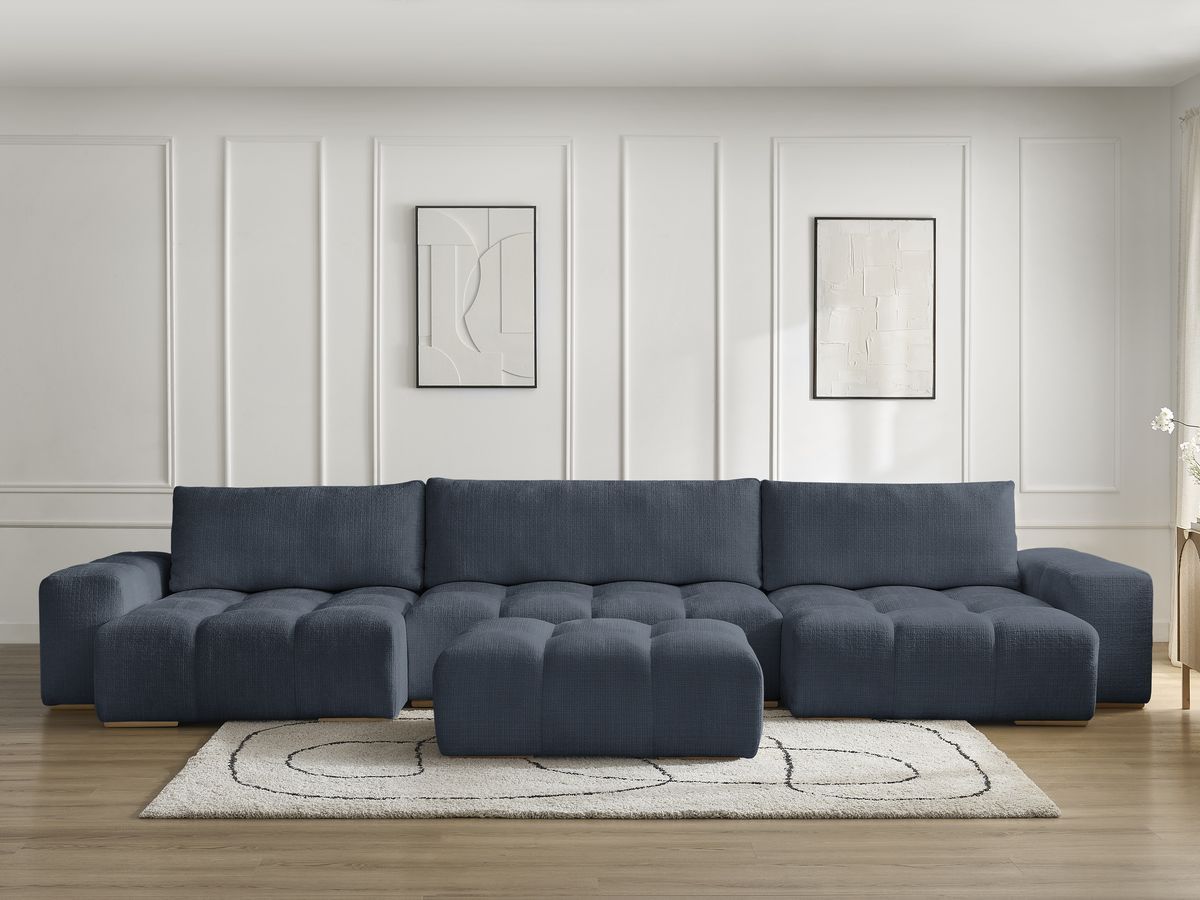 Bobochic Anakin Wohnlandschaft mit Pouf, Liegefläche 137 × 382 cm, 3 Kissen Strukturstoff Dunkelblau