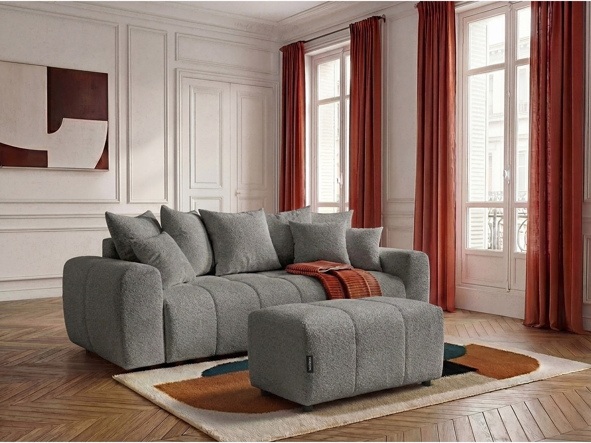 Bobochic Roxelane Schlafsofa 3-Sitzer mit Bettkasten und Pouf Bouclé-Stoff Dunkelgrau