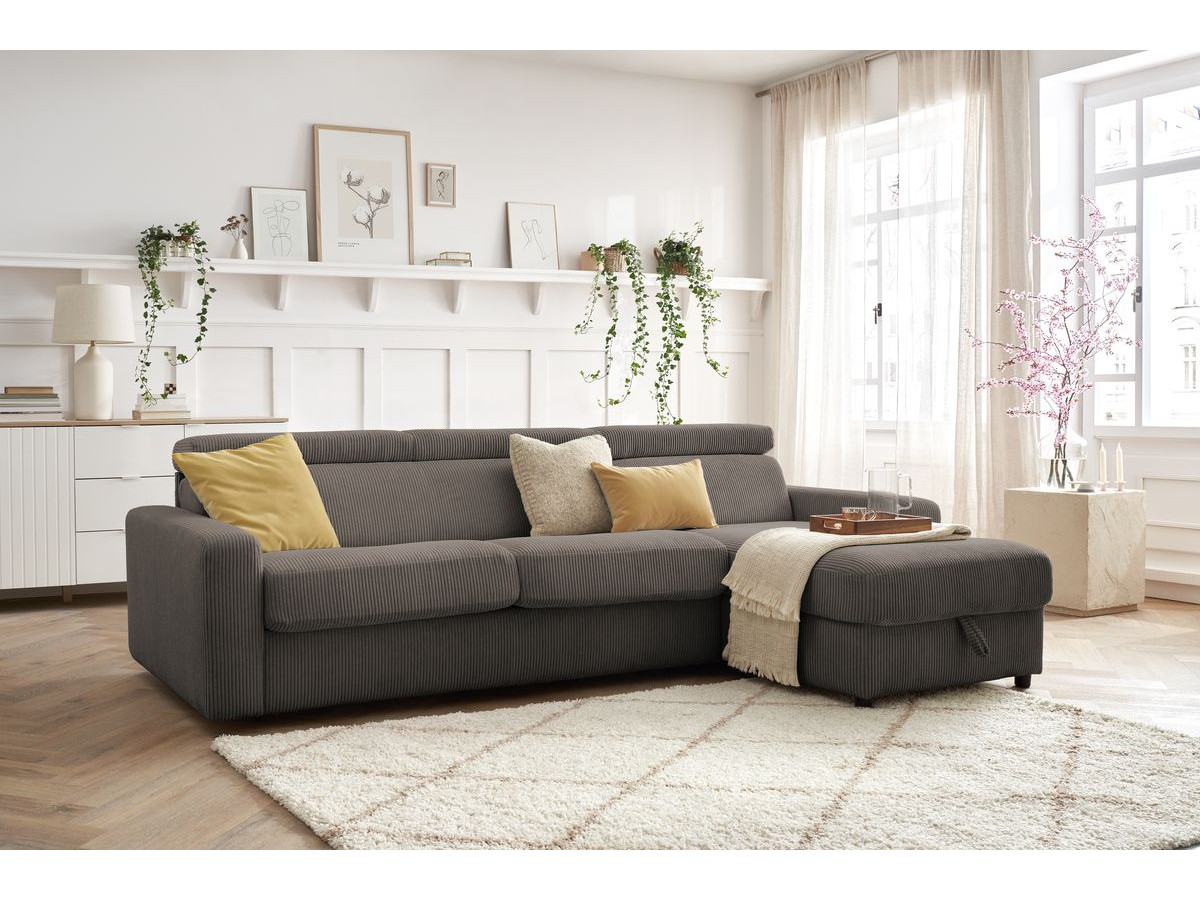 Bobochic Monaco Ecksofa mit Schlaffunktion und Bettkasten Cordsamt Taupe, Liegefläche 160 × 190 cm