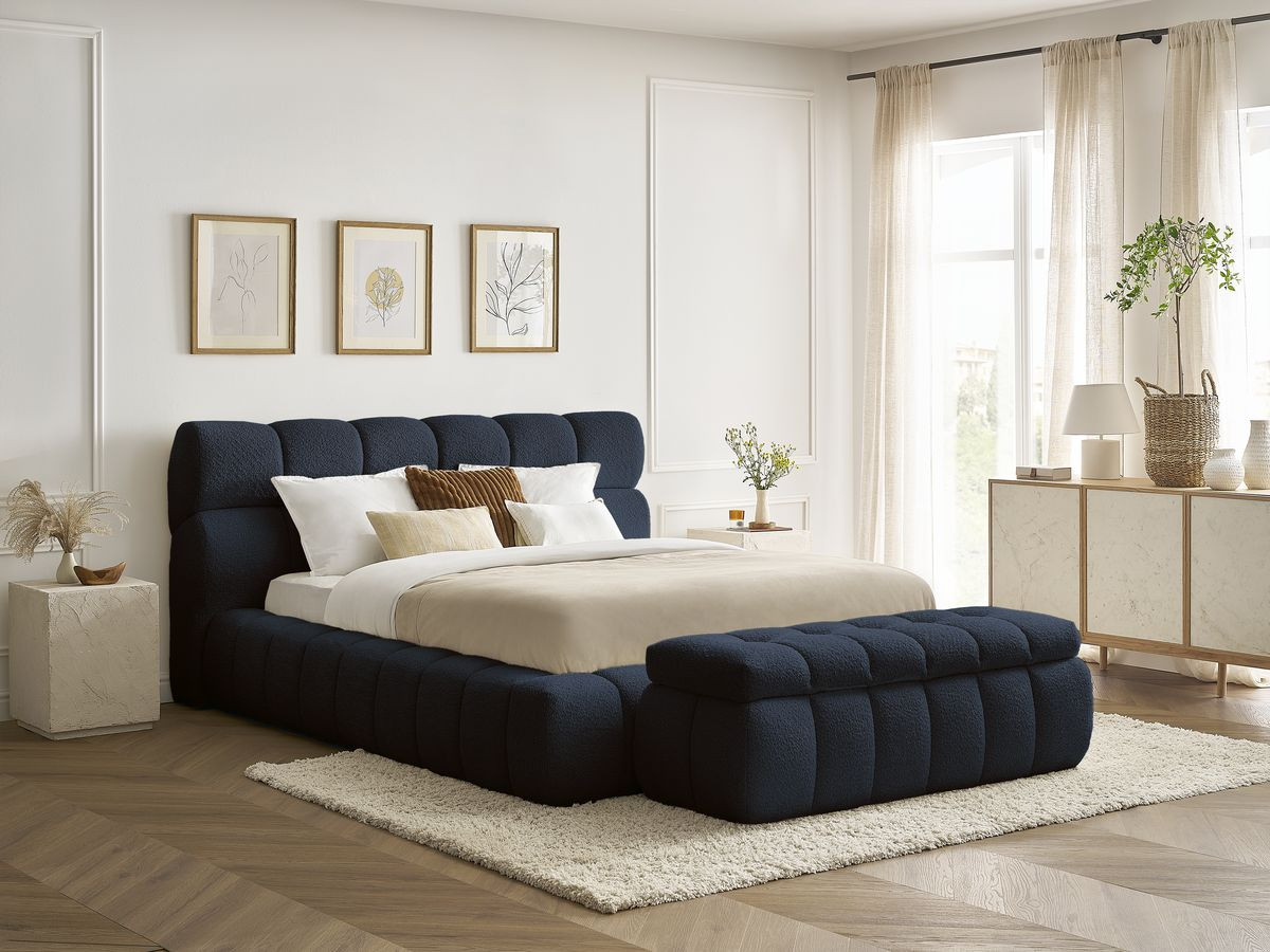 Bobochic Mont-blanc Polsterbett mit Bettkasten mit Bettbank Bouclé-Stoff Dunkelblau, Liegefläche 140 × 190 cm