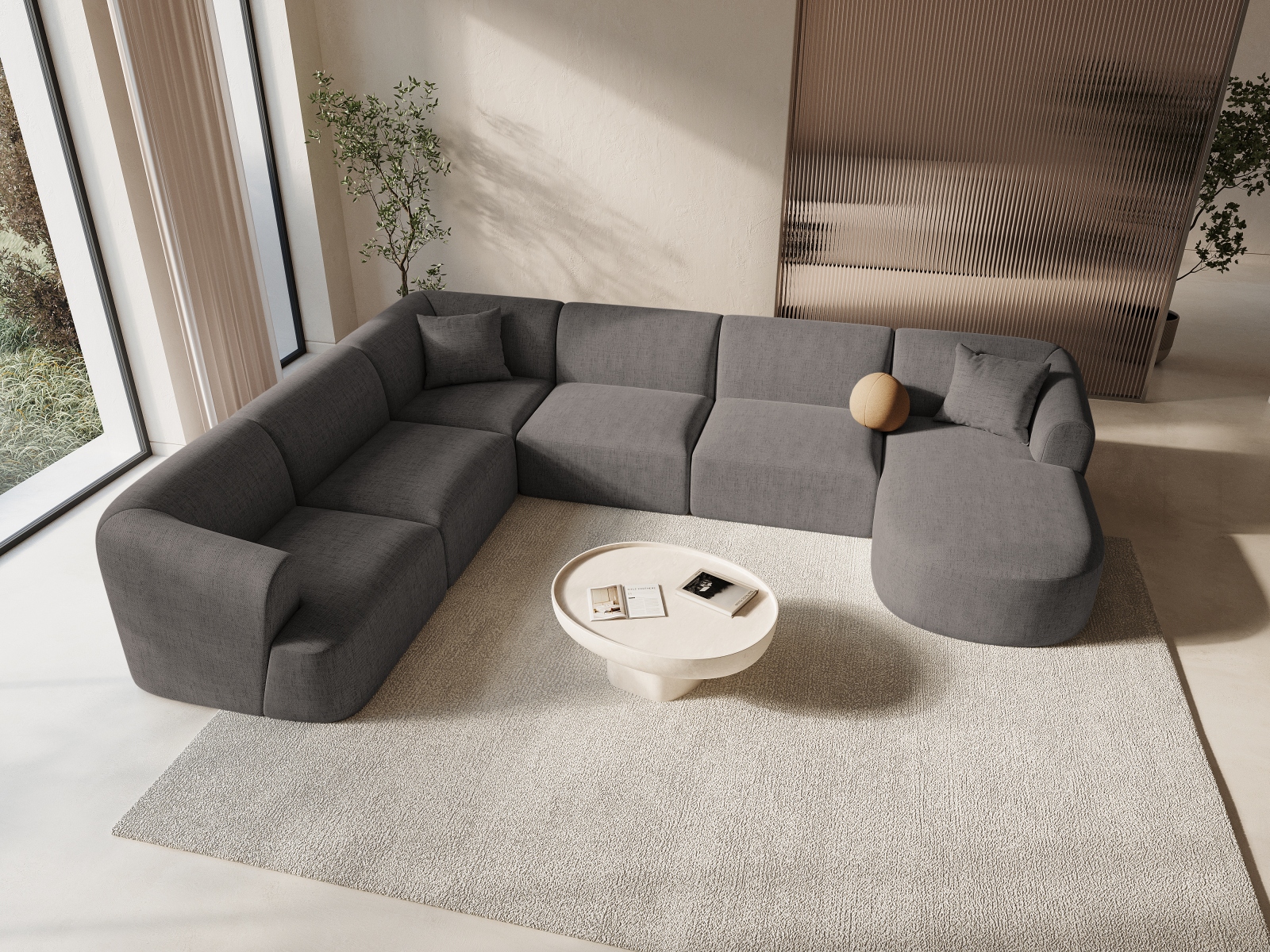 Cosmopolitan Design Panoramasofa Campi 7-Sitzer Strukturierter Stoff Moly Grau Links