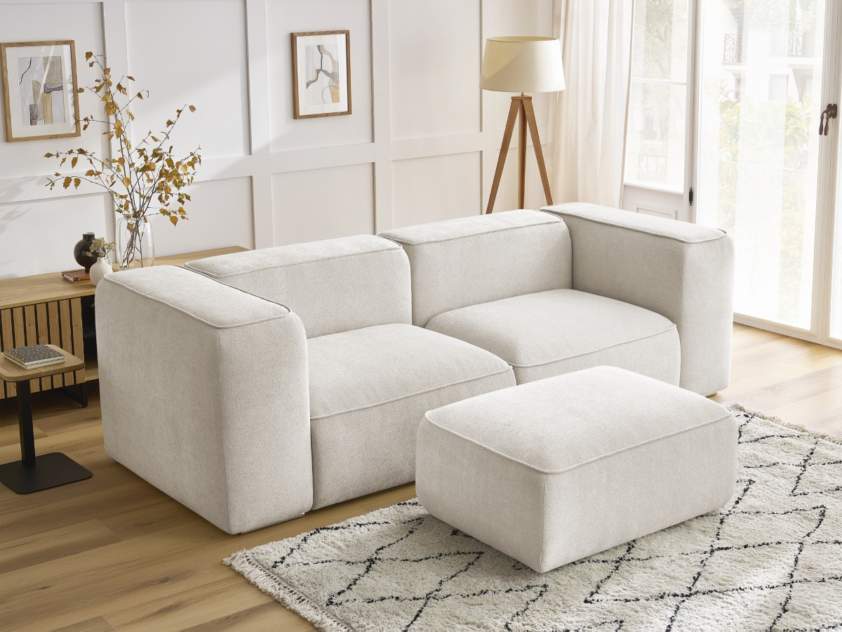 Bobochic Zephyr Sofa 3-Sitzer mit Pouf Strukturstoff Weiß