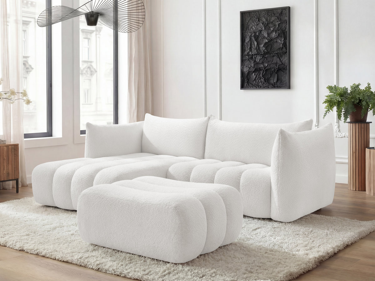 Bobochic Azra Ecksofa mit Pouf 262 × 178 cm Bouclé-Stoff Weiß Ecke links
