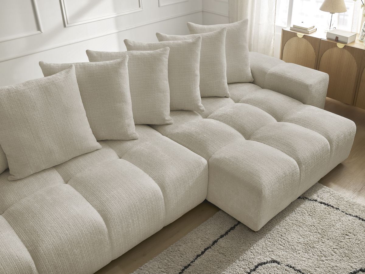 Bobochic Anakin Wohnlandschaft, Liegefläche 137 × 382 cm, 10 Kissen Strukturstoff Beige