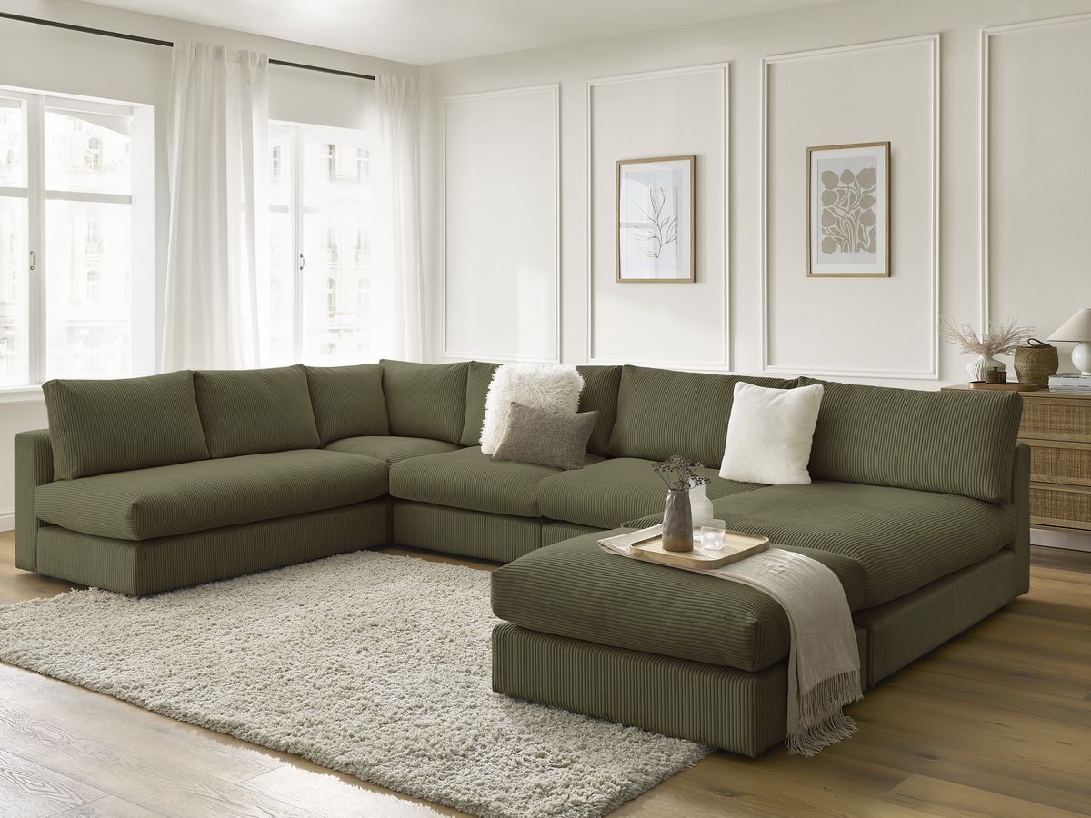 Bobochic Paris Ecksofa mit Pouf 369 × 167 cm Cordsamt Grün