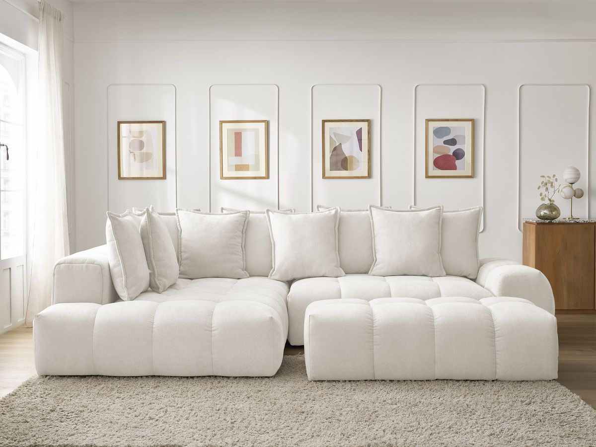 Bobochic Everest Ecksofa mit Schlaffunktion und Bettkasten und Pouf 320 × 212 cm, 10 Kissen Strukturstoff Weiß Ecke links