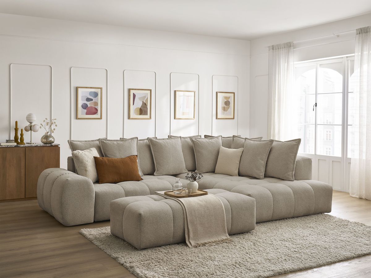 Bobochic Everest Ecksofa mit Schlaffunktion und Bettkasten und Pouf 320 × 212 cm, 10 Kissen Melange-Stoff Taupe Ecke rechts