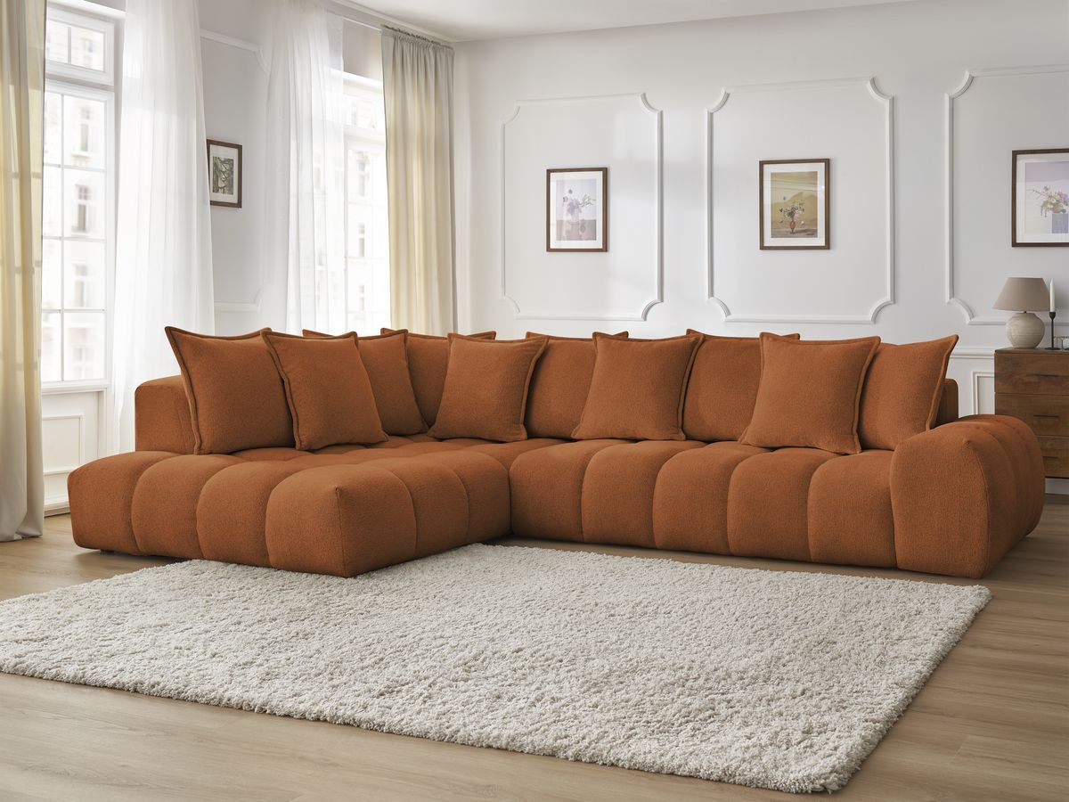 Bobochic Everest Ecksofa, 10 Kissen Melange-Stoff Orange Ecke links