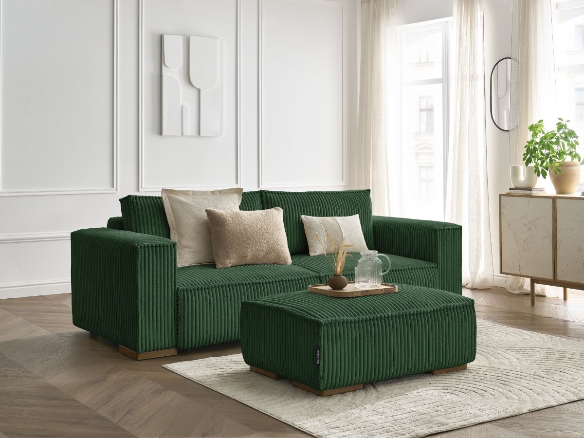 Bobochic Chelsea Schlafsofa 4-Sitzer mit Bettkasten und Pouf Breitcord weich Grün