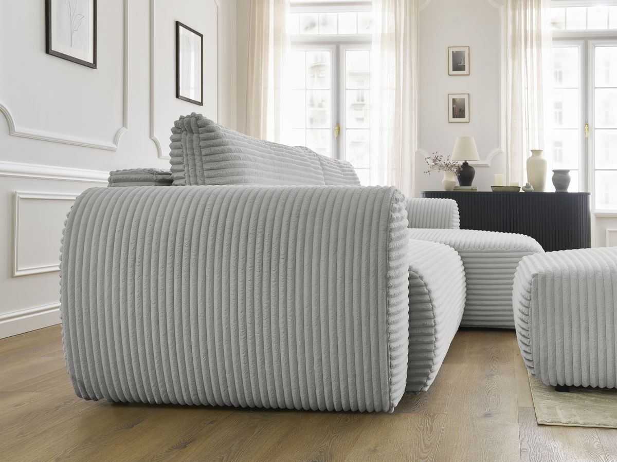Bobochic Lucien Ecksofa mit Schlaffunktion und Bettkasten und Pouf 314 × 167 cm Breitcord weich Hellgrau Ecke rechts