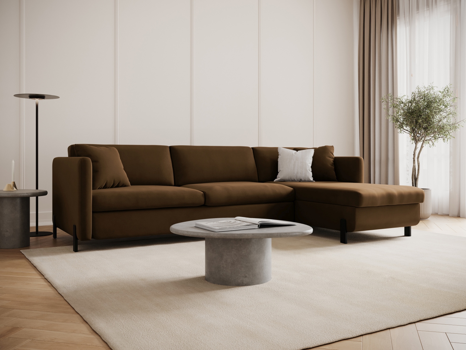 Micadoni Schlaf-Ecksofa Gloria 5-Sitzer Rechts Samt Schokolade 205x160