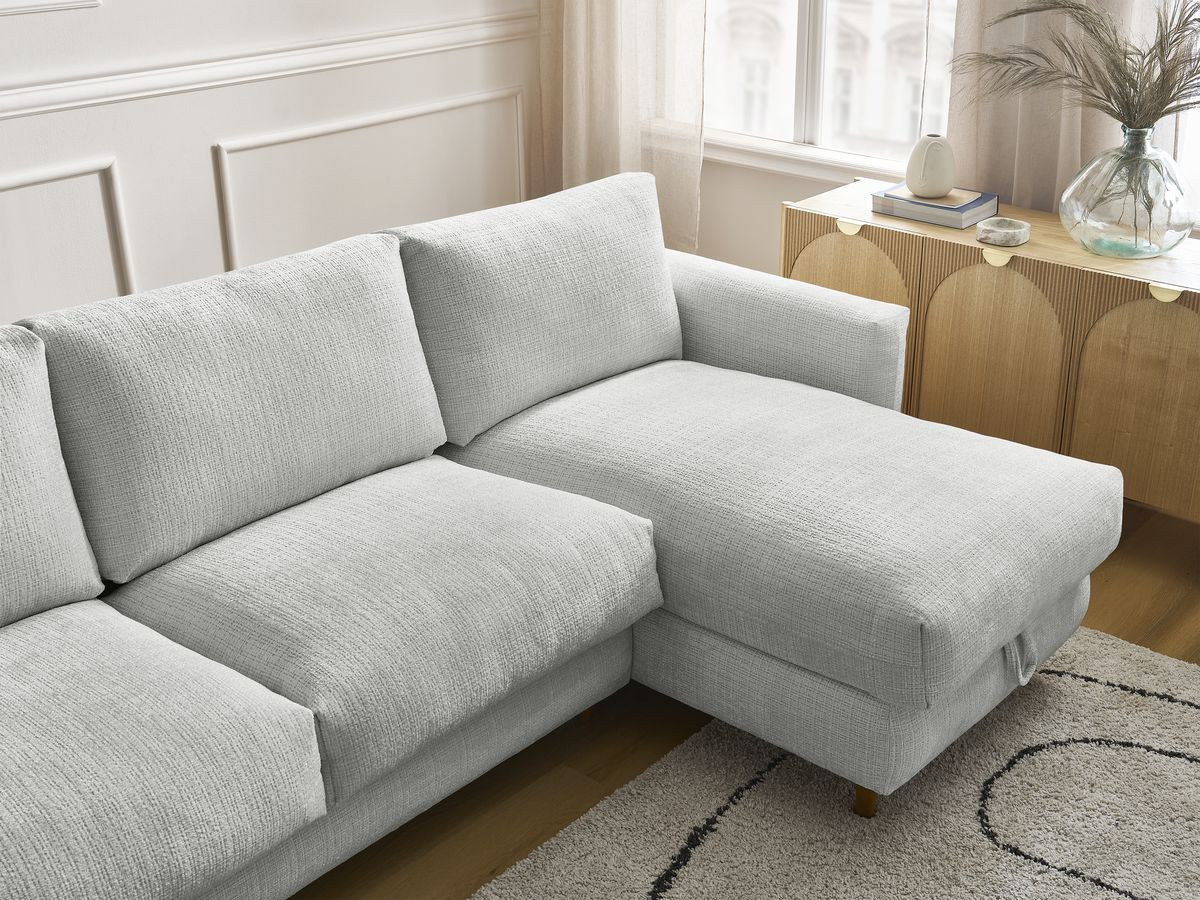 Bobochic Cocoone Ecksofa mit Schlaffunktion und Bettkasten Strukturstoff Hellgrau, Liegefläche 160 × 200 cm