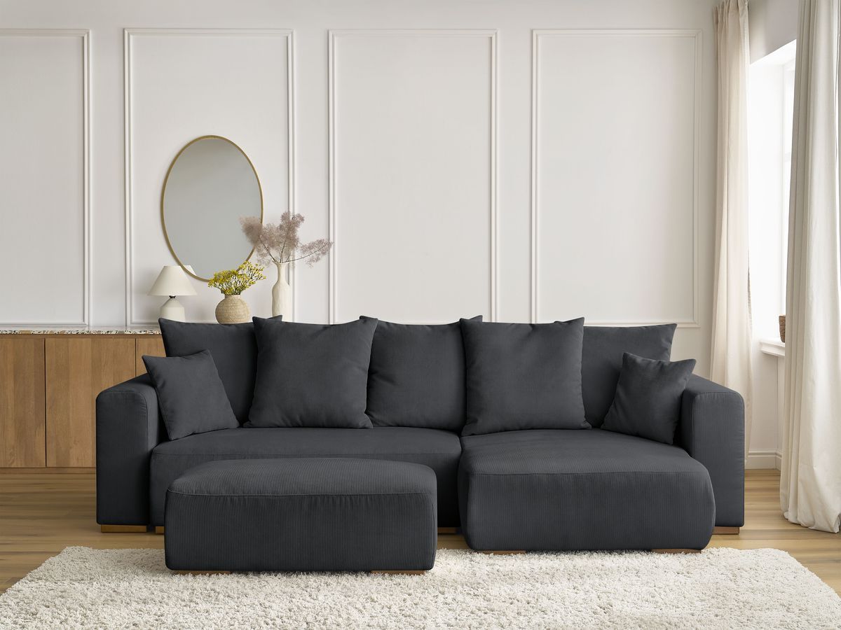 Bobochic Sidonie Ecksofa mit Schlaffunktion und Bettkasten und Pouf Cordsamt Schwarz