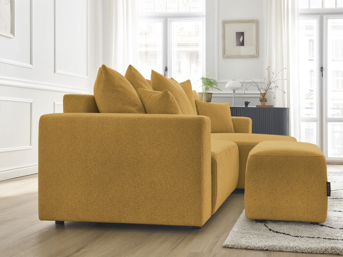 Bobochic Atilla Ecksofa mit Schlaffunktion und Bettkasten und Pouf Melange-Stoff Gelb Ecke rechts
