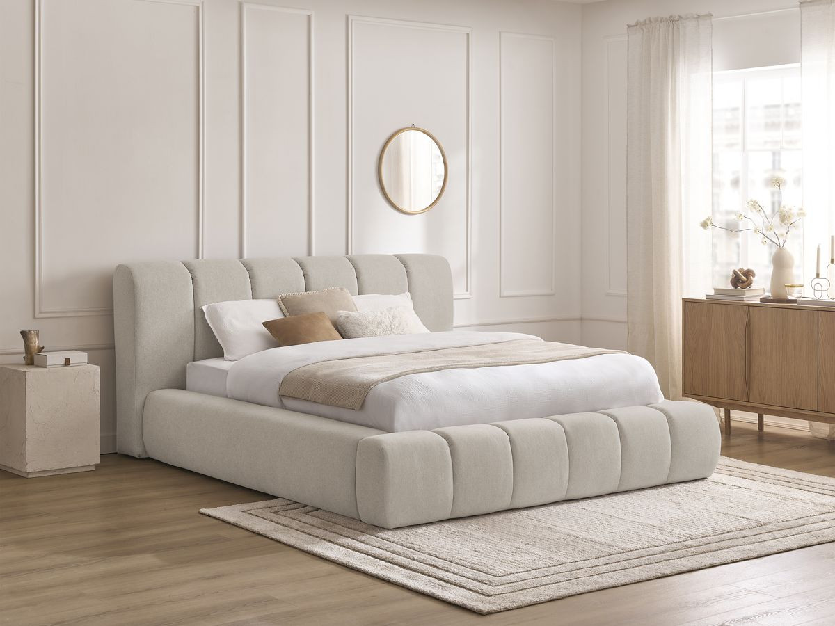 Bobochic Denali Polsterbett mit Bettkasten Stoff Beige, Liegefläche 140 × 190 cm