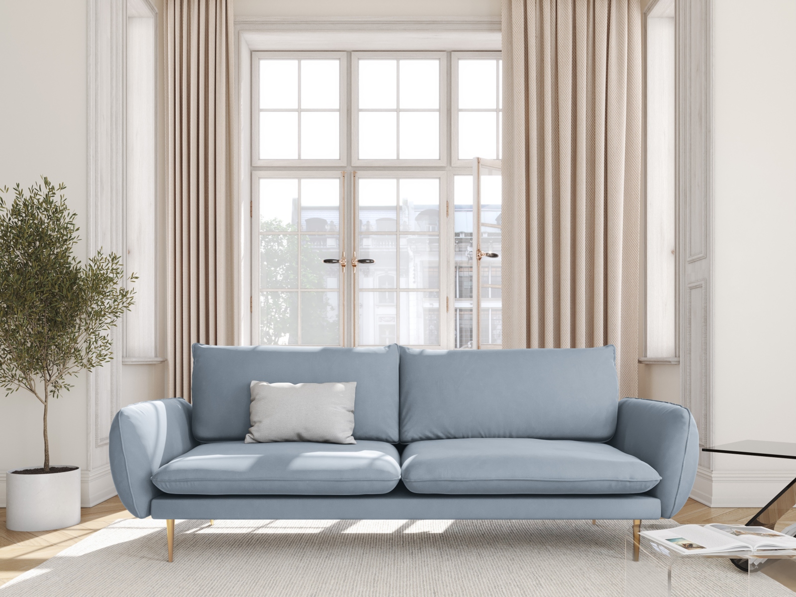 Cosmopolitan Design Sofa Vienna 4-Sitzer Samt Bluvel Hellblau Beine Gold