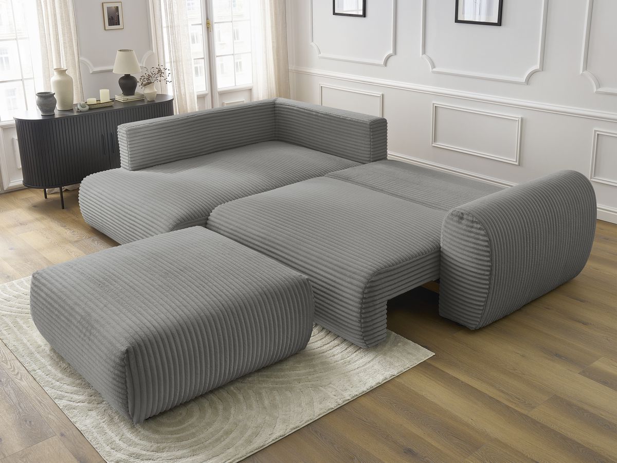 Bobochic Lucien Ecksofa mit Schlaffunktion und Bettkasten und Pouf 296 × 198 cm Breitcord weich Dunkelgrau Ecke links
