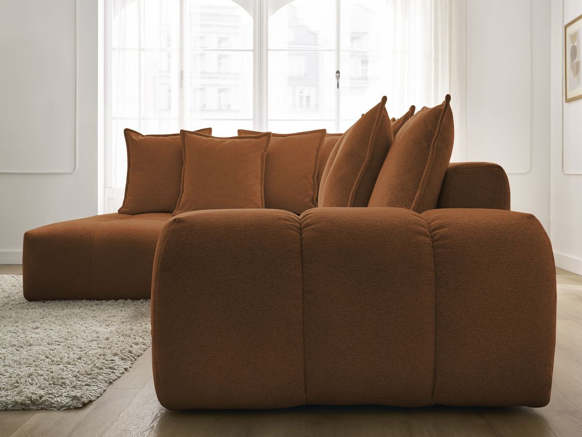 Bobochic Everest Ecksofa mit Schlaffunktion und Bettkasten 320 × 212 cm, 10 Kissen Melange-Stoff Orange Ecke links