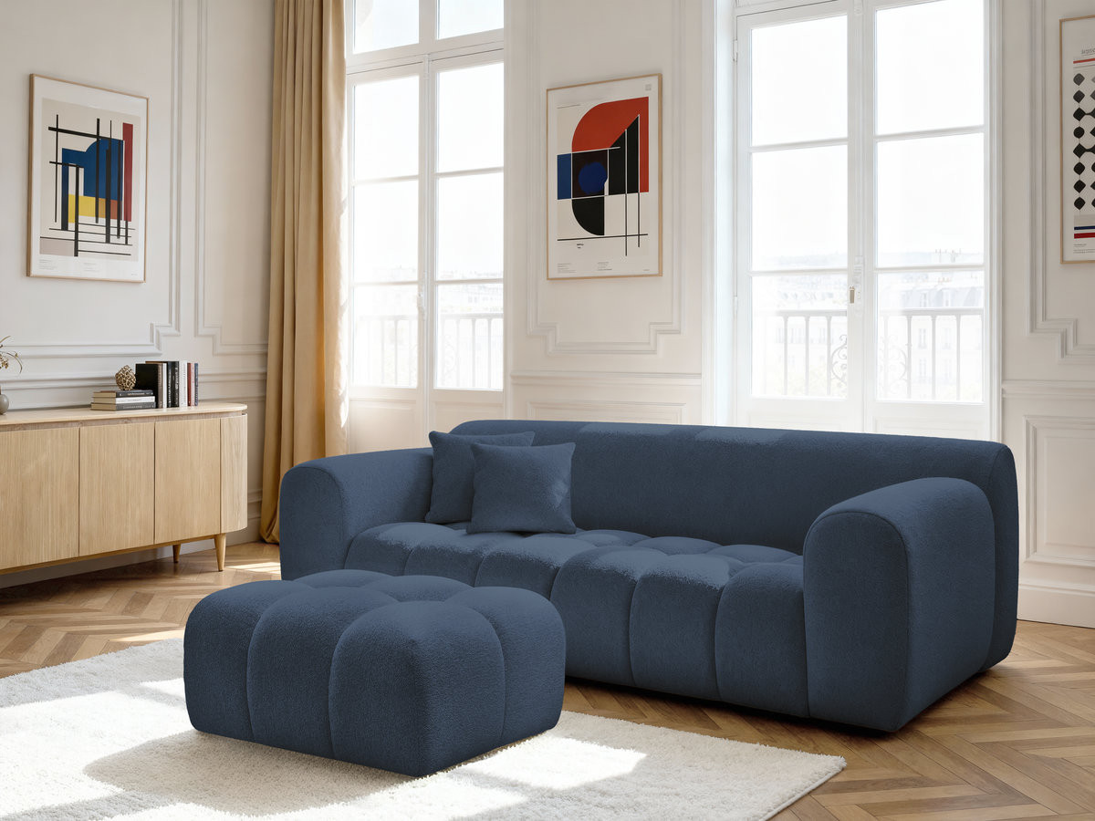 Bobochic Melisse Sofa 3-Sitzer mit Pouf Melange-Stoff Blau