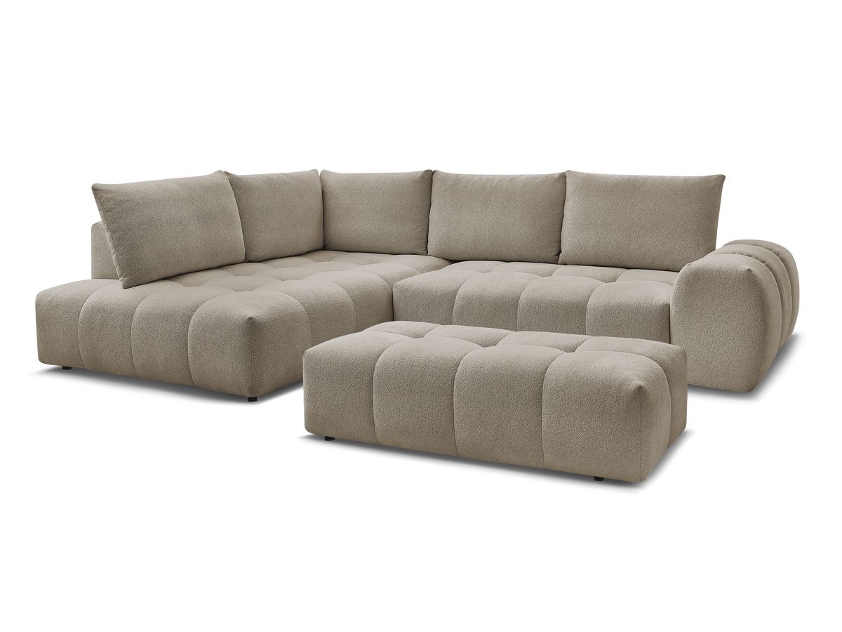 Bobochic Everest Ecksofa mit Schlaffunktion und Bettkasten und Pouf 320 × 212 cm, 5 Kissen Melange-Stoff Taupe Ecke links