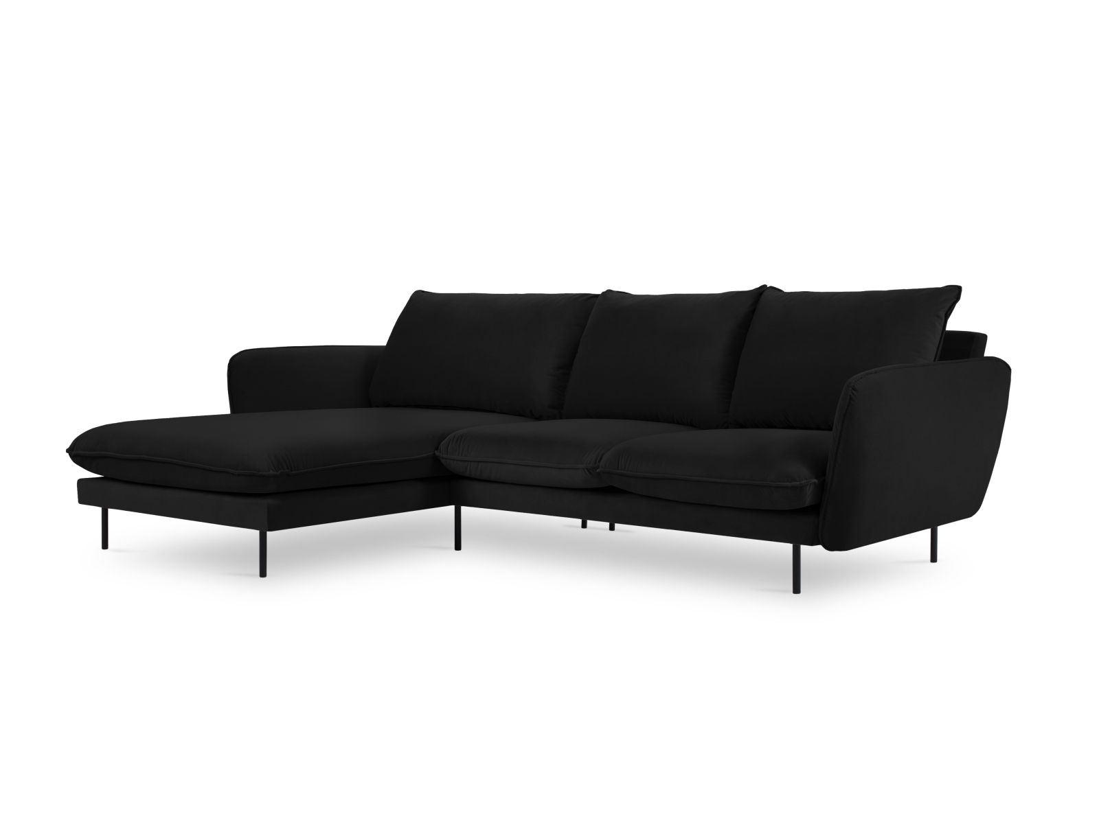 Cosmopolitan Design Ecksofa Vienna 5-Sitzer Samt Bluvel Schwarz Links Beine Schwarzes Metall