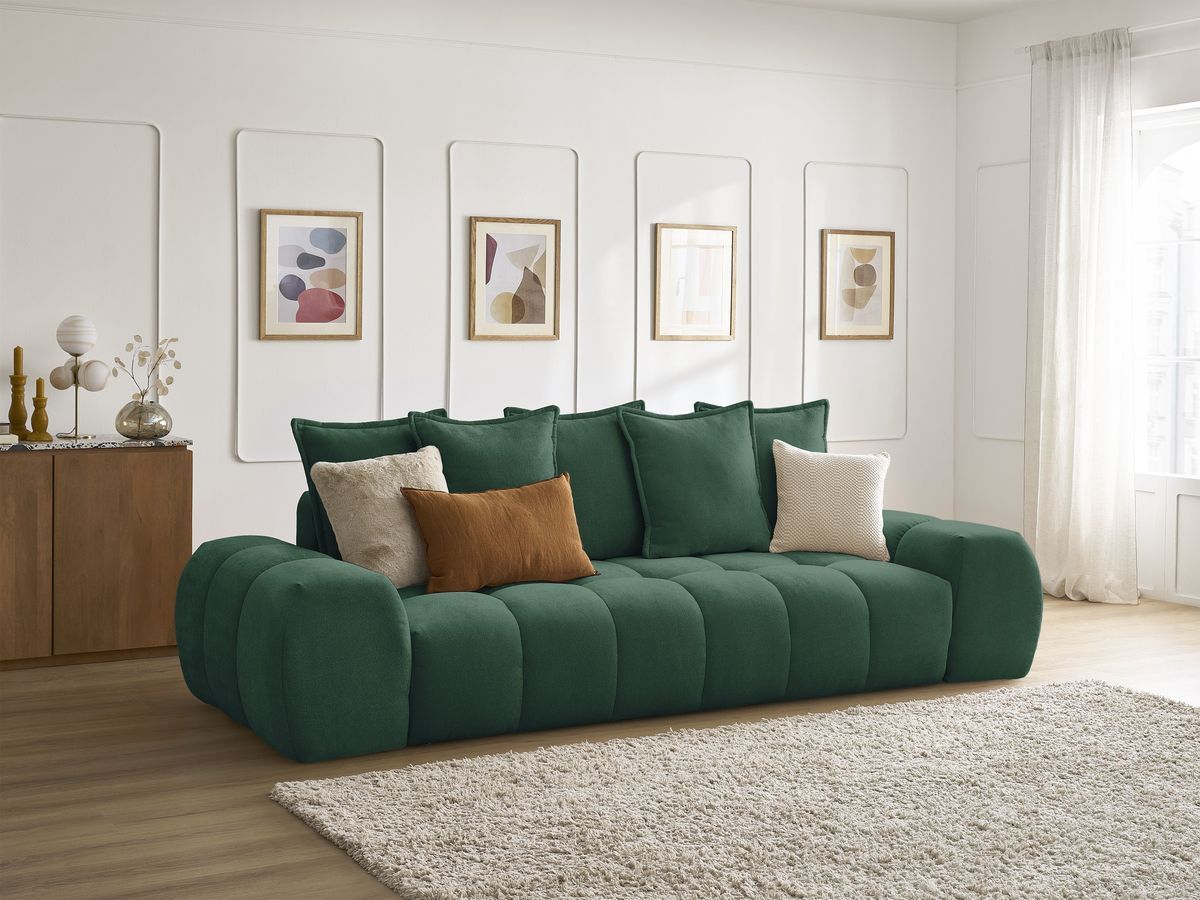 Bobochic Everest Schlafsofa 3-Sitzer mit Bettkasten, 5 Kissen Strukturstoff Grün