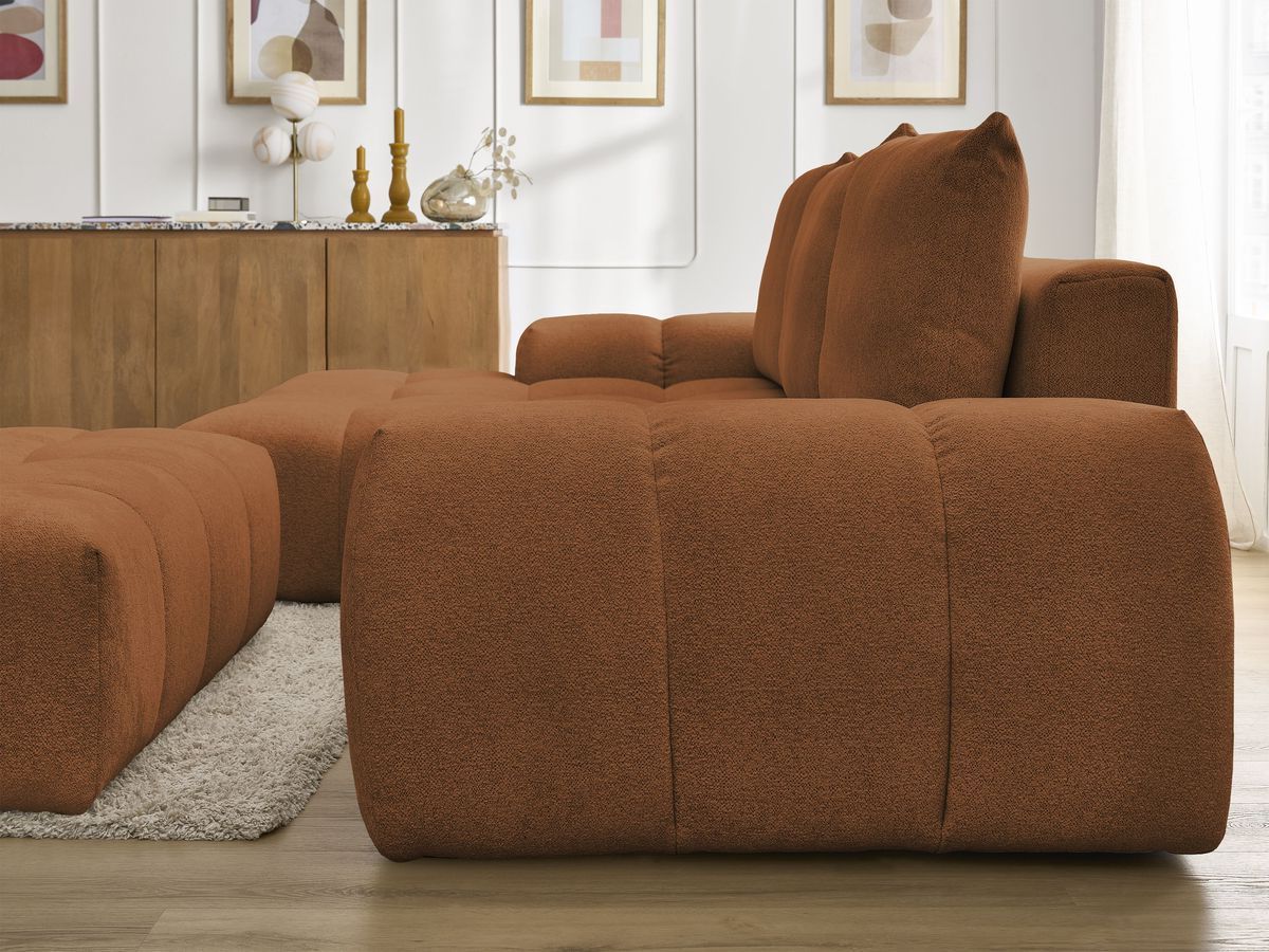 Bobochic Everest Ecksofa mit Schlaffunktion und Bettkasten und Pouf 318 × 180 cm, 3 Kissen Melange-Stoff Orange Ecke links
