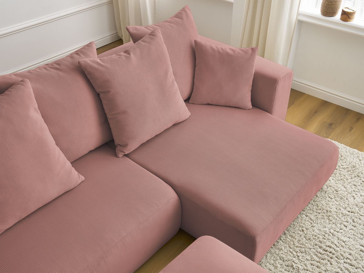 Bobochic Sidonie Ecksofa mit Schlaffunktion und Bettkasten und Pouf Cordsamt Rosa
